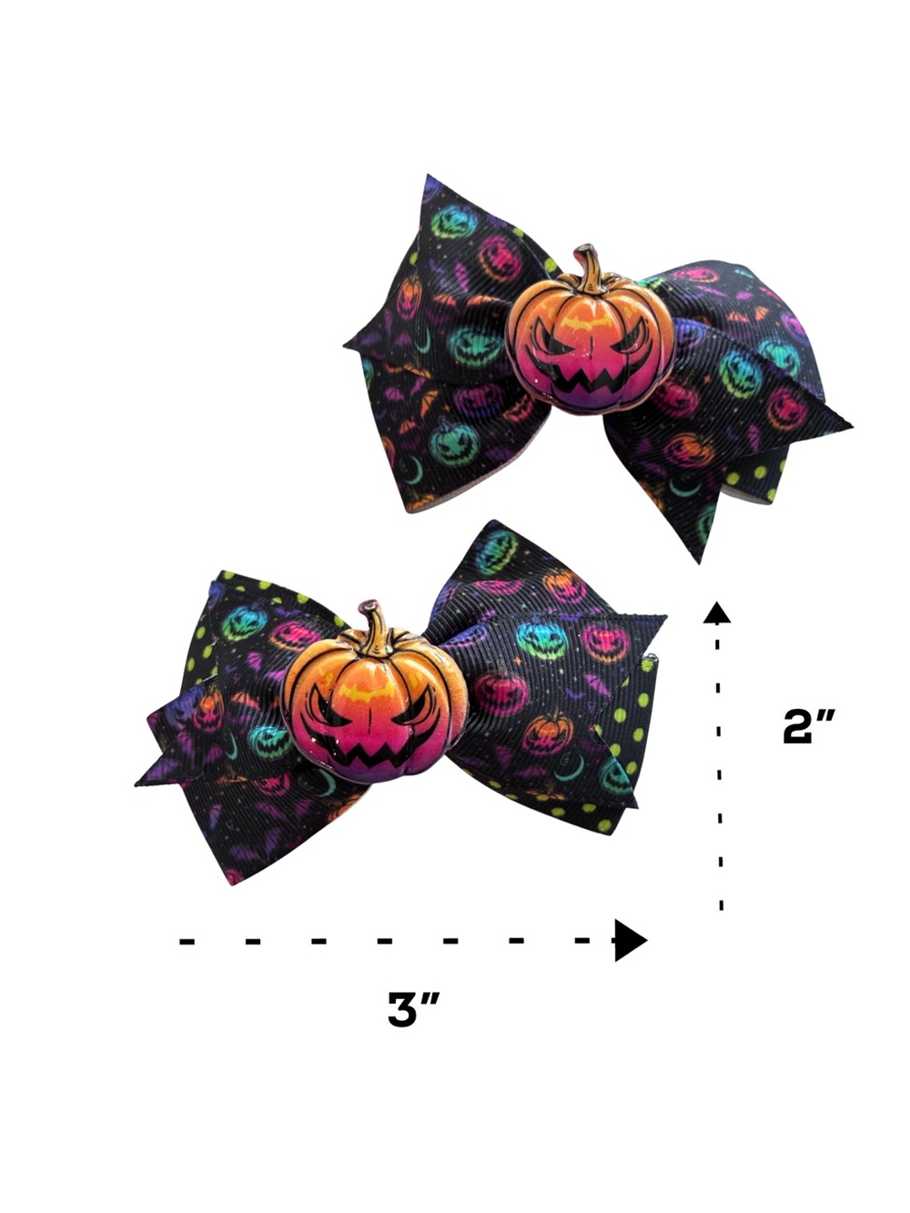 2 Halloween Hair Bows | Neon Jack-O’-Lantern Pumpkin Bows | 3” Alligator Clip